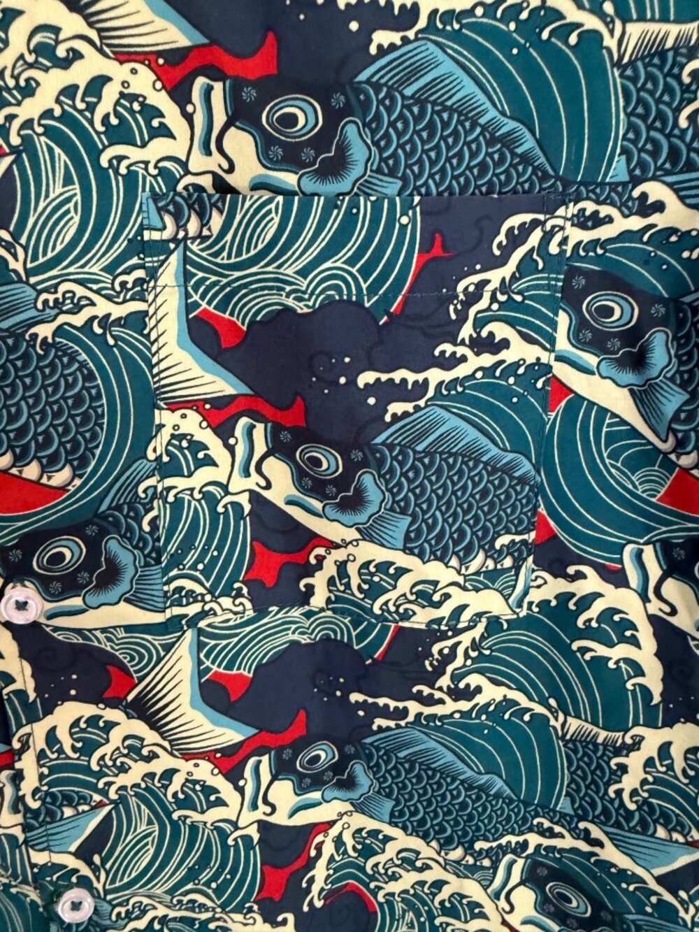 WESC Asian Koi Fish & Waves Short Sleeve Casual Button Down Men's Shirt XL - Picture 3 of 5